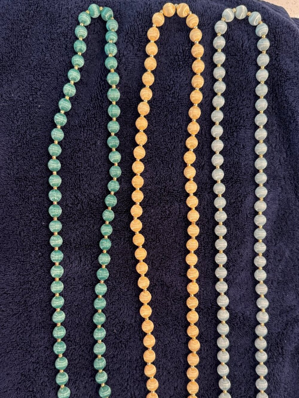30" Silk Thread Wrapped Bead Necklace Aqua Blue Gold Tone Spacers 12mm